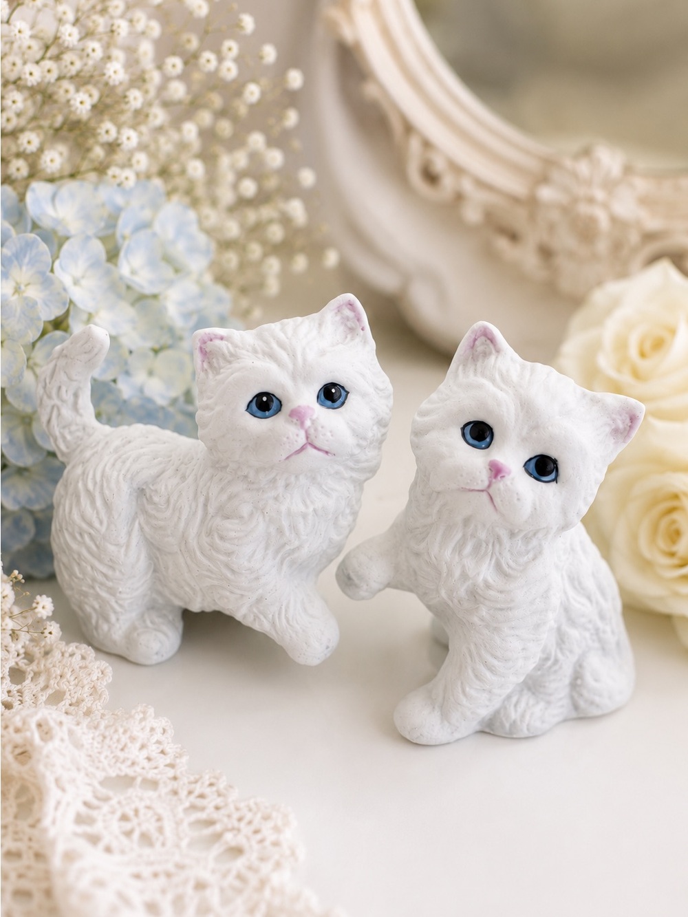 Vintage HOMCO Japan White Blue Eyed Kitten Figurines Pair Cottagecore Decor Cat